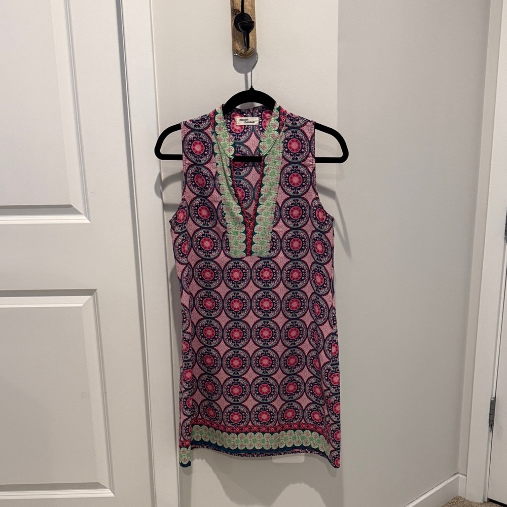 Pink Printed Sleeveless V-Neck Camisole Dress with Mint Trim